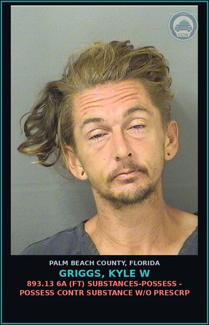 CCW arrest card for GRIGGS, KYLE W in Palm Beach County: 893.13 6A (FT) DRUGS-POSSESS - POSSESS contr substance W/O PRESCRIPTION