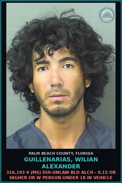 CCW arrest card for GUILLENARIAS, WILIAN ALEXANDER in Palm Beach County: 316.193 4 (MS) DUI-UNLAW BLD ALCH - 0.15 OR HIGHER OR W PERSON UNDER 18 IN VEHICLE