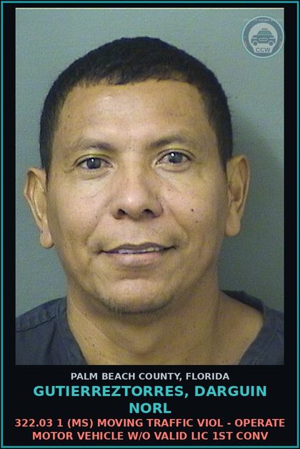 CCW arrest card for GUTIERREZTORRES, DARGUIN NORL in Palm Beach County: 322.03 1 (MS) MOVING TRAFFIC VIOL - OPERATE MOTOR VEHICLE W/O VALID LIC 1ST CONV