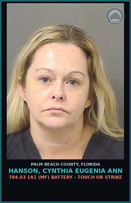 CCW arrest card for HANSON, CYNTHIA EUGENIA ANN in Palm Beach County: 784.03 1A1 (MF) BATTERY - TOUCH OR STRIKE