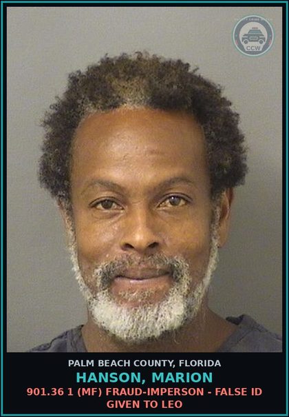 CCW arrest card for HANSON, MARION in Palm Beach County: 893.13 6B (MF) Canna-POSSESS - POSSESS LESS THAN 20 GRAMS Canna