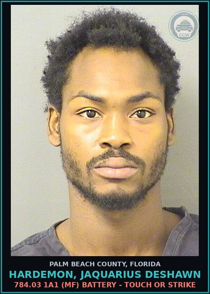 CCW arrest card for HARDEMON, JAQUARIUS DESHAWN in Palm Beach County: 784.03 1A1 (MF) BATTERY - TOUCH OR STRIKE