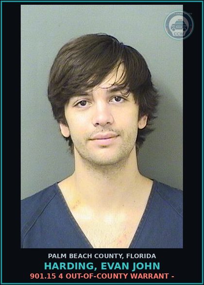CCW arrest card for HARDING, EVAN JOHN in Palm Beach County: 901.15 4 OUT-OF-COUNTY WARRANT -