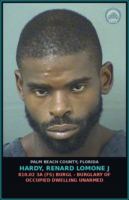 CCW arrest card for HARDY, RENARD LOMONE J in Palm Beach County: 893.13 6A (FT) DRUGS-POSSESS - POSSESS contr substance W/O PRESCRIPTION