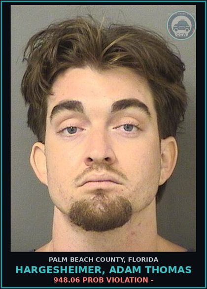 CCW arrest card for HARGESHEIMER, ADAM THOMAS in Palm Beach County: 948.06 PROB VIOLATION -