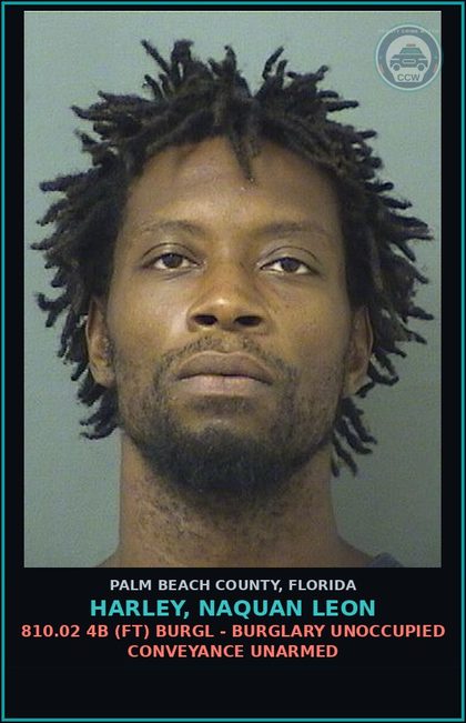 CCW arrest card for HARLEY, NAQUAN LEON in Palm Beach County: 810.02 4B (FT) BURGL - BURGLARY UNOCCUPIED CONVEYANCE UNARMED