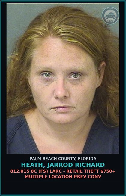 CCW arrest card for HEATH, JARROD RICHARD in Palm Beach County: 812.015 8C (FS) LARC - RETAIL THEFT $750+ MULTIPLE LOCATION PREV CONV