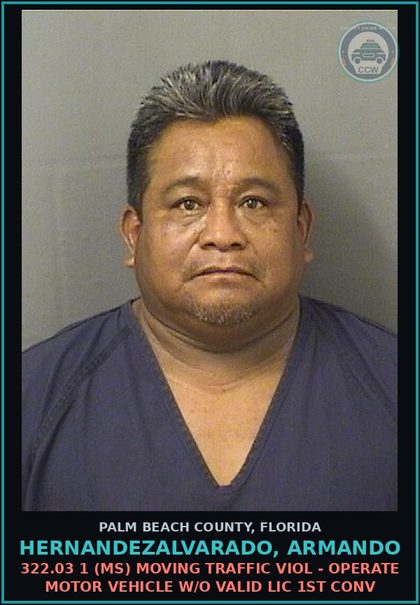CCW arrest card for HERNANDEZALVARADO, ARMANDO in Palm Beach County: 316.027 2A (FT) HIT AND RUN - FAIL STOP REM CRSH INV INJ OTH THN SER BOD INJ