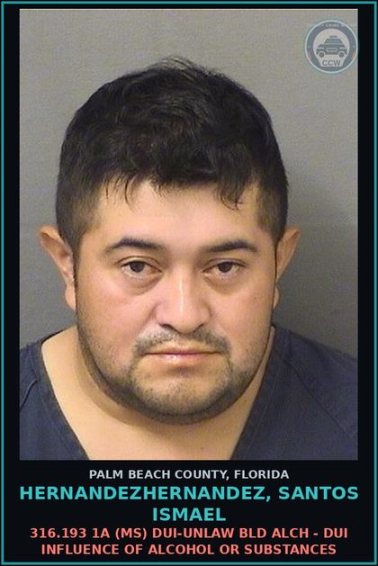 CCW arrest card for HERNANDEZHERNANDEZ, SANTOS ISMAEL in Palm Beach County: 316.193 1A (MS) DUI-UNLAW BLD ALCH - DUI INFLUENCE OF ALCOHOL OR DRUGS
