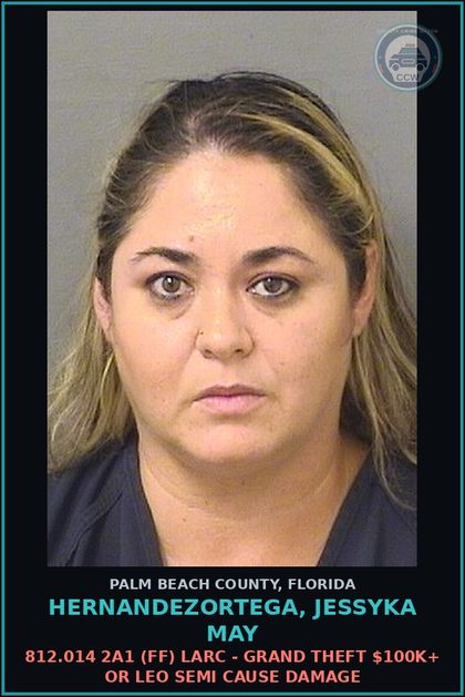 CCW arrest card for HERNANDEZORTEGA, JESSYKA MAY in Palm Beach County: 812.014 2A1 (FF) LARC - GRAND THEFT $100K+ OR LEO SEMI CAUSE DAMAGE