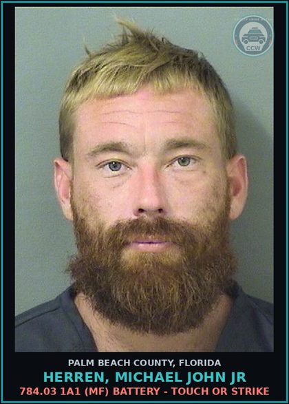CCW arrest card for HERREN, MICHAEL JOHN Jr in Palm Beach County: 784.03 1A1 (MF) BATTERY - TOUCH OR STRIKE