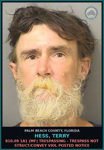 CCW arrest card for HESS, TERRY in Palm Beach County: 810.09 1A1 (MF) TRESPASSING - TRESPASS NOT STRUCT/CONVEY VIOL POSTED NOTICE