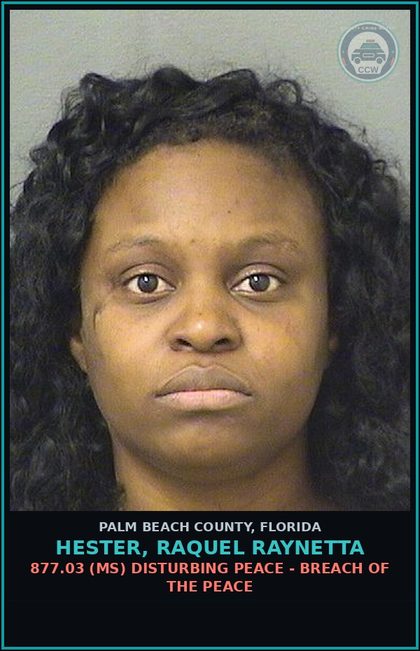 CCW arrest card for HESTER, RAQUEL RAYNETTA in Palm Beach County: 877.03 (MS) DISTURBING PEACE - BREACH OF THE PEACE