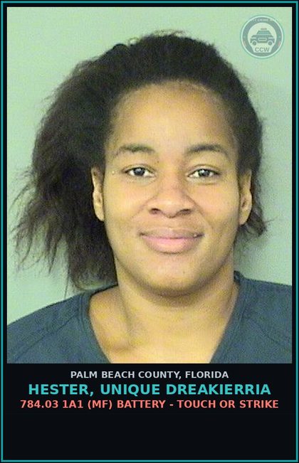 CCW arrest card for HESTER, UNIQUE DREAKIERRIA in Palm Beach County: 784.03 1A1 (MF) BATTERY - TOUCH OR STRIKE