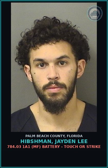 CCW arrest card for HIBSHMAN, JAYDEN LEE in Palm Beach County: 784.03 1A1 (MF) BATTERY - TOUCH OR STRIKE