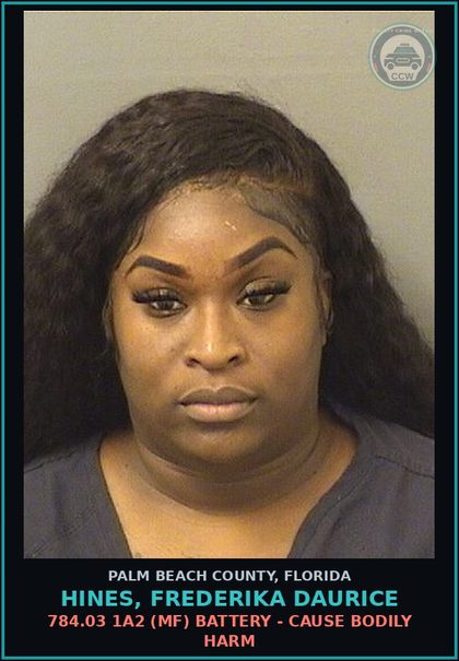 CCW arrest card for HINES, FREDERIKA DAURICE in Palm Beach County: 784.03 1A2 (MF) BATTERY - CAUSE BODILY HARM