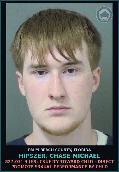 CCW arrest card for HIPSZER, CHASE MICHAEL in Palm Beach County: 827.071 4 (FS) OBSCENE MATERIAL-POSSESS - POSS PROMOTE PRESENT DEPICT chld PORNOGRAPHY