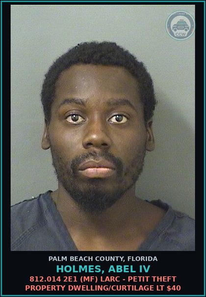 CCW arrest card for HOLMES, ABEL IV in Palm Beach County: 806.13 1B1 (MS) DAMAGE PROP-CRIM MISCH - CRIMINAL MISCHIEF DAMAGE PROPERTY LT $200