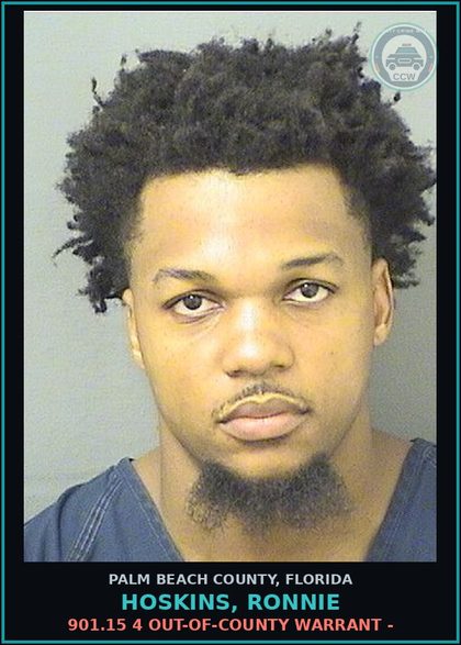 CCW arrest card for HOSKINS, RONNIE in Palm Beach County: 901.15 4 OUT-OF-COUNTY WARRANT -