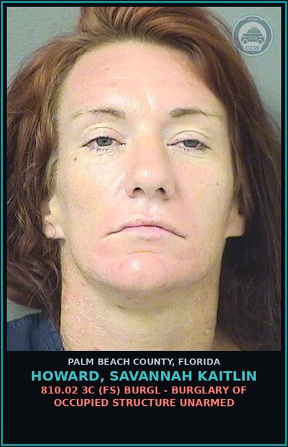 CCW arrest card for HOWARD, SAVANNAH KAITLIN in Palm Beach County: 810.02 3C (FS) BURGL - BURGLARY OF OCCUPIED STRUCTURE UNARMED