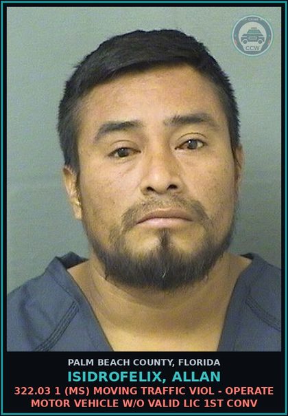 CCW arrest card for ISIDROFELIX, ALLAN in Palm Beach County: 322.03 1 (MS) MOVING TRAFFIC VIOL - OPERATE MOTOR VEHICLE W/O VALID LIC 1ST CONV