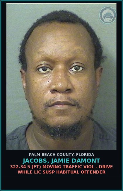 CCW arrest card for JACOBS, JAMIE DAMONT in Palm Beach County: 322.34 5 (FT) MOVING TRAFFIC VIOL - DRIVE WHILE LIC SUSP HABITUAL OFFENDER