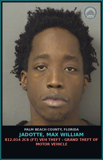 CCW arrest card for JADOTTE, MAX WILLIAM in Palm Beach County: 843.22 2 (FS) BURGL - TRAVEL COMMIT F3 BURG OUTSIDE COUNTY RESIDENCE