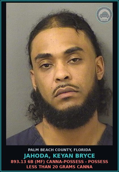 CCW arrest card for JAHODA, KEYAN BRYCE in Palm Beach County: 893.13 6A (FT) DRUGS-POSSESS - POSSESS contr substance W/O PRESCRIPTION