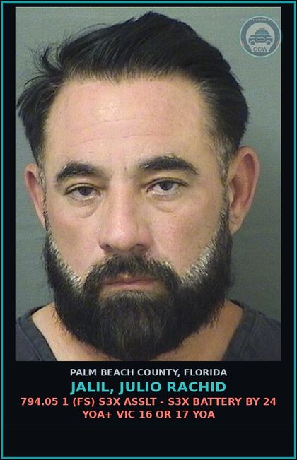 CCW arrest card for JALIL, JULIO RACHID in Palm Beach County: 847.0138 2 (FT) OBSCENE MATERIAL-DISTRIB - TRANSMIT INFO HARMFUL TO MINORS