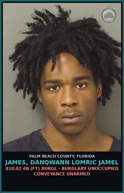 CCW arrest card for JAMES, DANQWANN LOMRIC JAMEL in Palm Beach County: 810.02 4B (FT) BURGL - BURGLARY UNOCCUPIED CONVEYANCE UNARMED