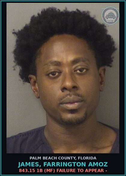 CCW arrest card for JAMES, FARRINGTON AMOZ in Palm Beach County: 843.15 1B (MF) FAILURE TO APPEAR -