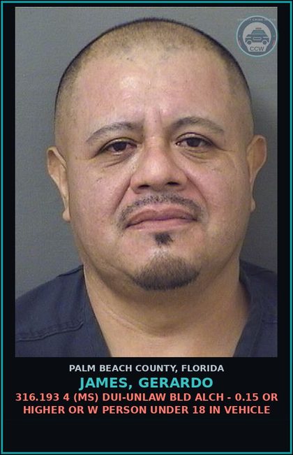 CCW arrest card for JAMES, GERARDO in Palm Beach County: 316.193 4 (MS) DUI-UNLAW BLD ALCH - 0.15 OR HIGHER OR W PERSON UNDER 18 IN VEHICLE