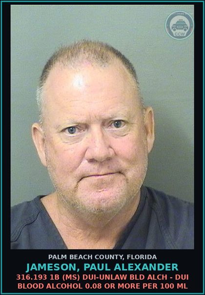 CCW arrest card for JAMESON, PAUL ALEXANDER in Palm Beach County: 316.193 1B (MS) DUI-UNLAW BLD ALCH - DUI BLOOD ALCOHOL 0.08 OR MORE PER 100 ML