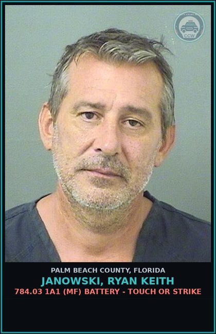 CCW arrest card for JANOWSKI, RYAN KEITH in Palm Beach County: 784.03 1A1 (MF) BATTERY - TOUCH OR STRIKE