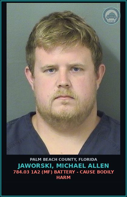 CCW arrest card for JAWORSKI, MICHAEL ALLEN in Palm Beach County: 784.03 1A2 (MF) BATTERY - CAUSE BODILY HARM