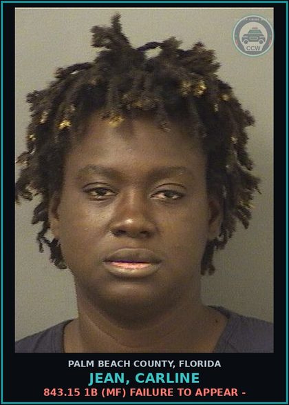 CCW arrest card for JEAN, CARLINE in Palm Beach County: 843.15 1B (MF) FAILURE TO APPEAR -