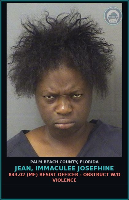 CCW arrest card for JEAN, IMMACULEE JOSEFHINE in Palm Beach County: 806.13 1B3 (FT) DAMAGE PROP-CRIM MISCH - CRIMINAL MISCHIEF DAMAGE PROPERTY $1000+