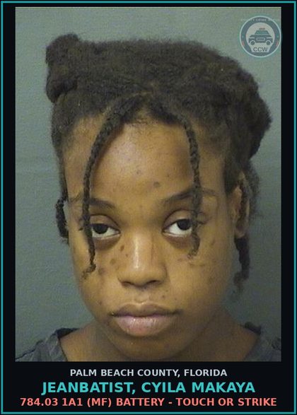 CCW arrest card for JEANBATIST, CYILA MAKAYA in Palm Beach County: 784.03 1A1 (MF) BATTERY - TOUCH OR STRIKE