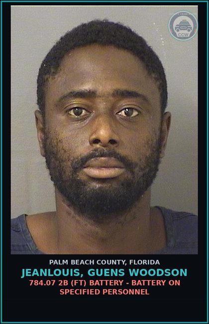 CCW arrest card for JEANLOUIS, GUENS WOODSON in Palm Beach County: 784.07 2B (FT) BATTERY - BATTERY ON SPECIFIED PERSONNEL