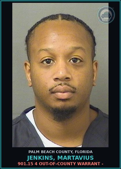 CCW arrest card for JENKINS, MARTAVIUS in Palm Beach County: 901.15 4 OUT-OF-COUNTY WARRANT -