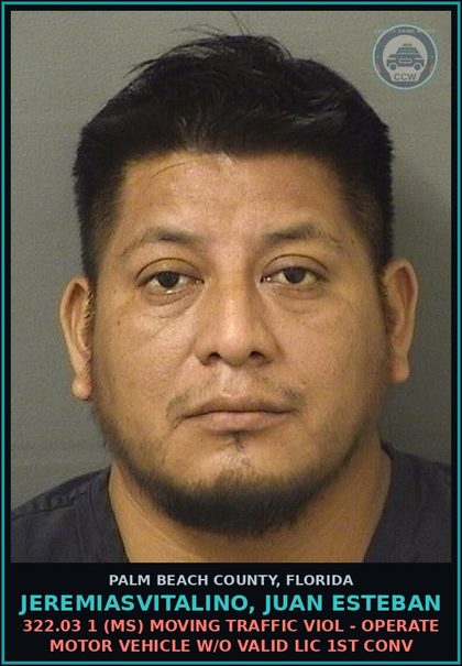 CCW arrest card for JEREMIASVITALINO, JUAN ESTEBAN in Palm Beach County: 322.03 1 (MS) MOVING TRAFFIC VIOL - OPERATE MOTOR VEHICLE W/O VALID LIC 1ST CONV