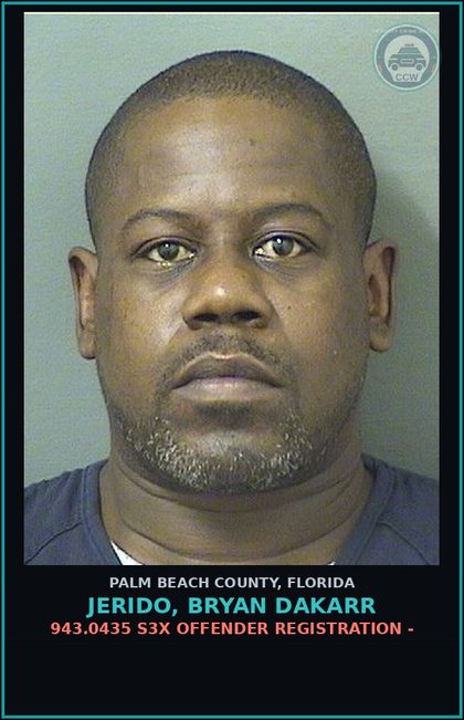 CCW arrest card for JERIDO, BRYAN DAKARR in Palm Beach County: 943.0435 s3x OFFENDER REGISTRATION -