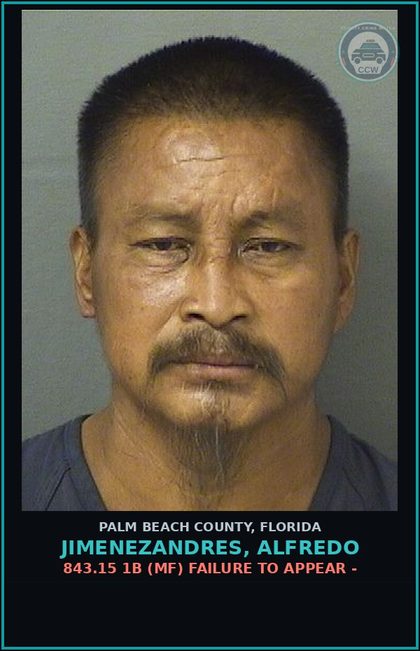CCW arrest card for JIMENEZANDRES, ALFREDO in Palm Beach County: 843.15 1B (MF) FAILURE TO APPEAR -