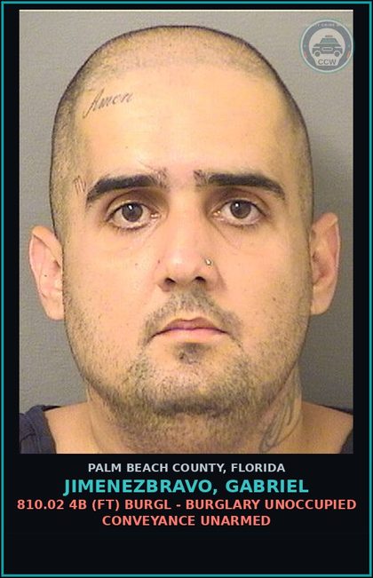 CCW arrest card for JIMENEZBRAVO, GABRIEL in Palm Beach County: 810.02 4B (FT) BURGL - BURGLARY UNOCCUPIED CONVEYANCE UNARMED