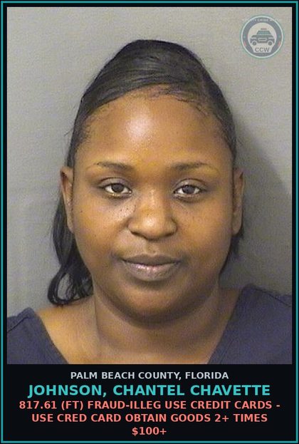 CCW arrest card for JOHNSON, CHANTEL CHAVETTE in Palm Beach County: 817.60 8 (FT) LARC - POSS RECEIVE RETAIN STOLEN CREDIT DEBIT CARD