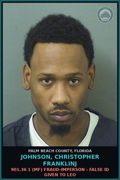 CCW arrest card for JOHNSON, CHRISTOPHER FRANKLINJ in Palm Beach County: 893.13 1A2 (FT) DRUGS-POSSESS - POSS INTENT SELL/MFG/DELIV CTRL SUB SCHEDULE I