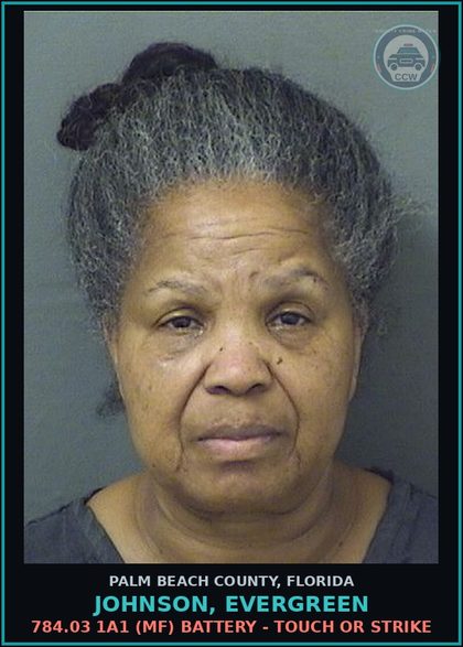 CCW arrest card for JOHNSON, EVERGREEN in Palm Beach County: 784.03 1A1 (MF) BATTERY - TOUCH OR STRIKE