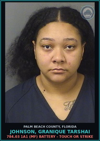 CCW arrest card for JOHNSON, GRANIQUE TARSHAI in Palm Beach County: 784.03 1A1 (MF) BATTERY - TOUCH OR STRIKE