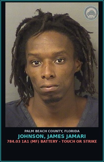 CCW arrest card for JOHNSON, JAMES JAMARI in Palm Beach County: 784.03 1A1 (MF) BATTERY - TOUCH OR STRIKE