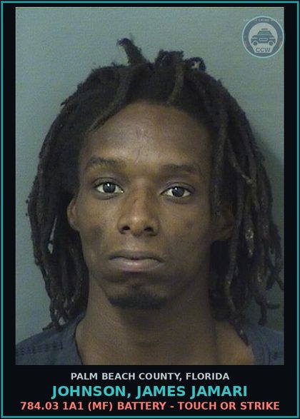 CCW arrest card for JOHNSON, JAMES JAMARI in Palm Beach County: 784.03 1A1 (MF) BATTERY - TOUCH OR STRIKE